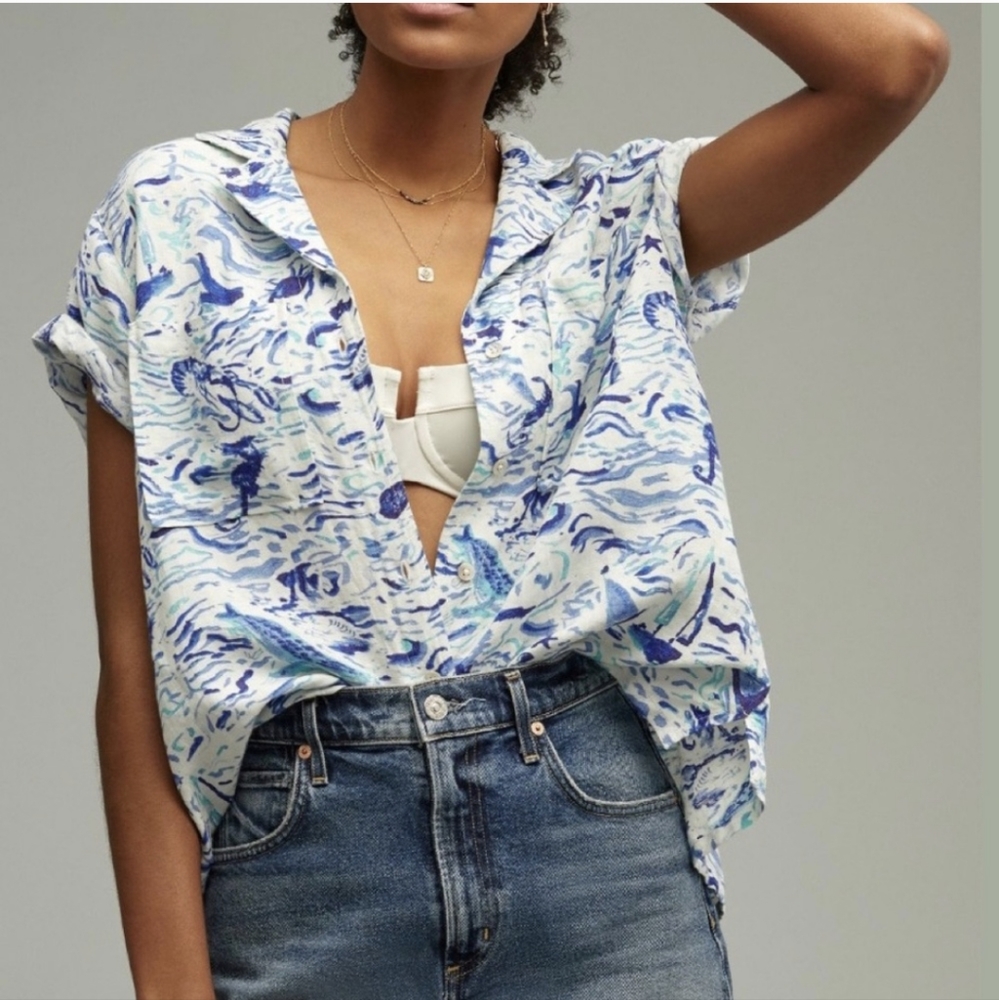 Anthropologie Blue & White Marbled Button-Down Shirt